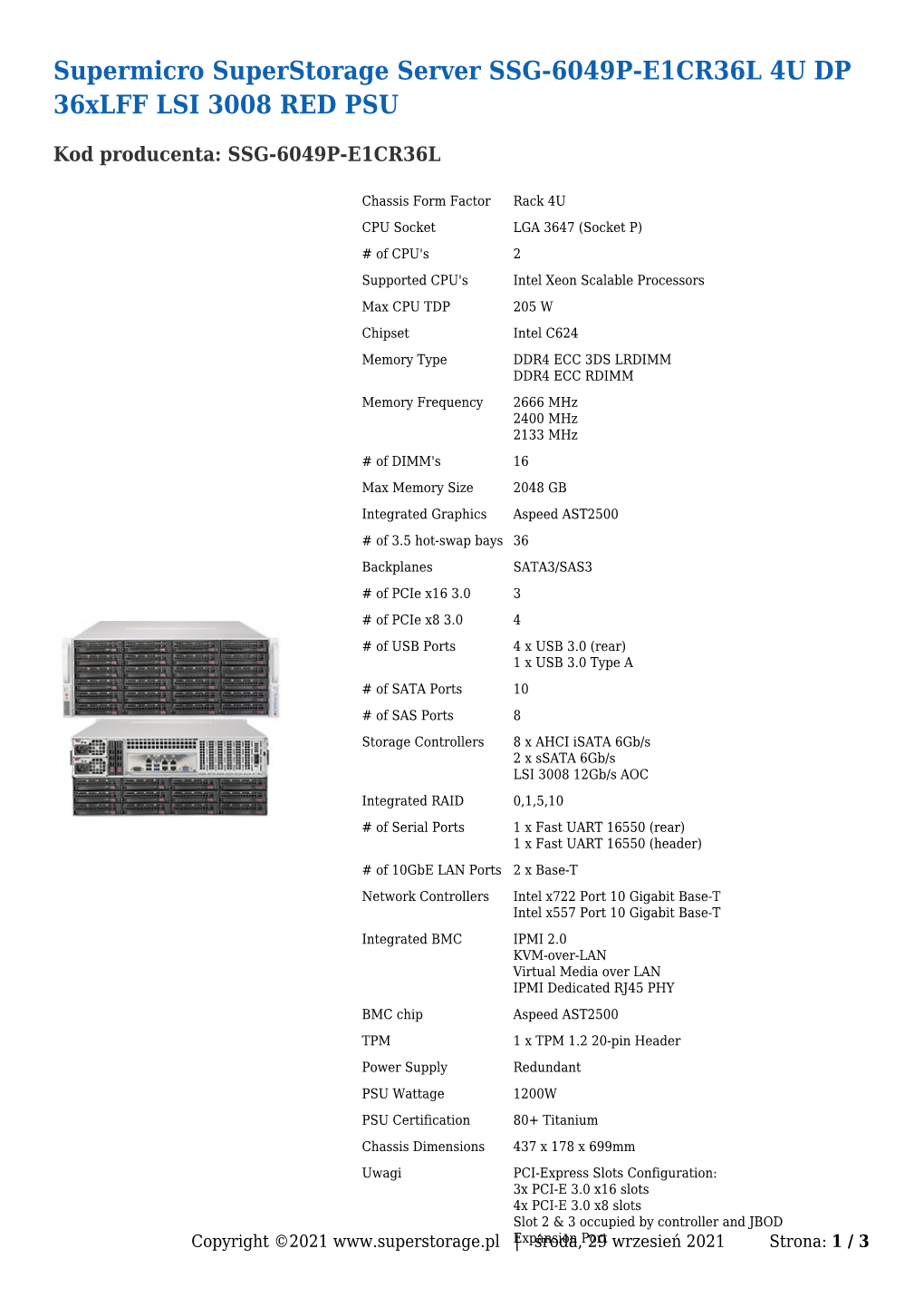 Supermicro Superstorage Server SSG-6049P-E1CR36L 4U DP 36Xlff LSI 3008 RED PSU