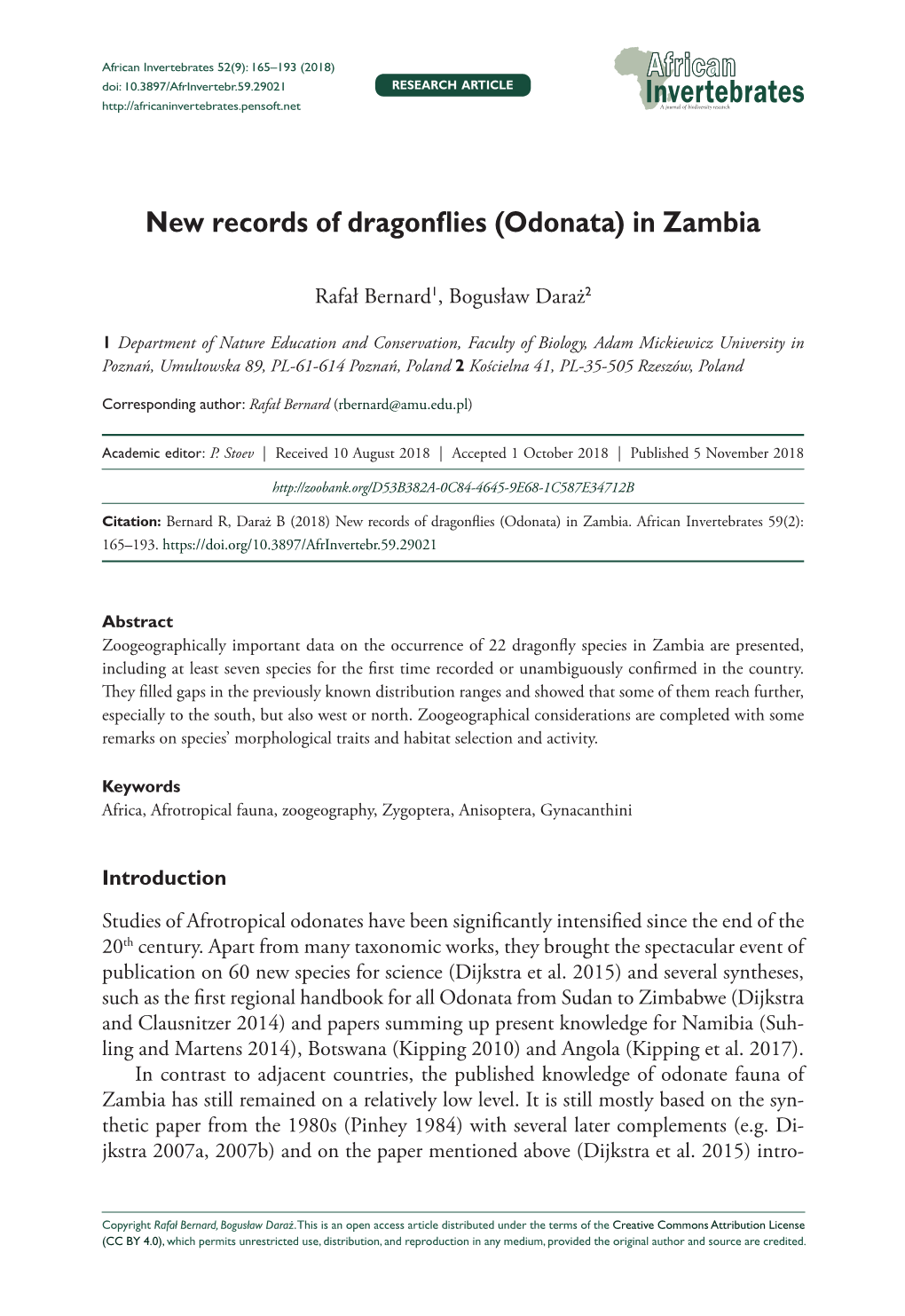 Odonata) in Zambia 165 Doi: 10.3897/Afrinvertebr.59.29021 RESEARCH ARTICLE