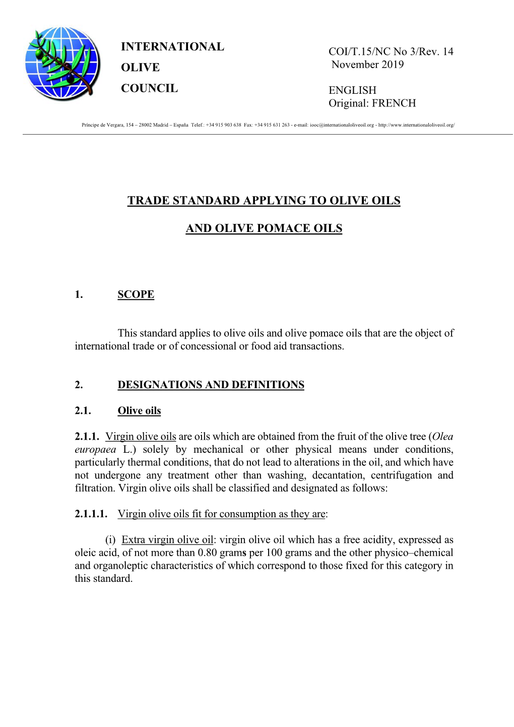 International Olive Council Trade Standard Applying To