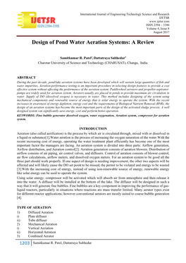 Design of Pond Water Aeration Systems: a Review