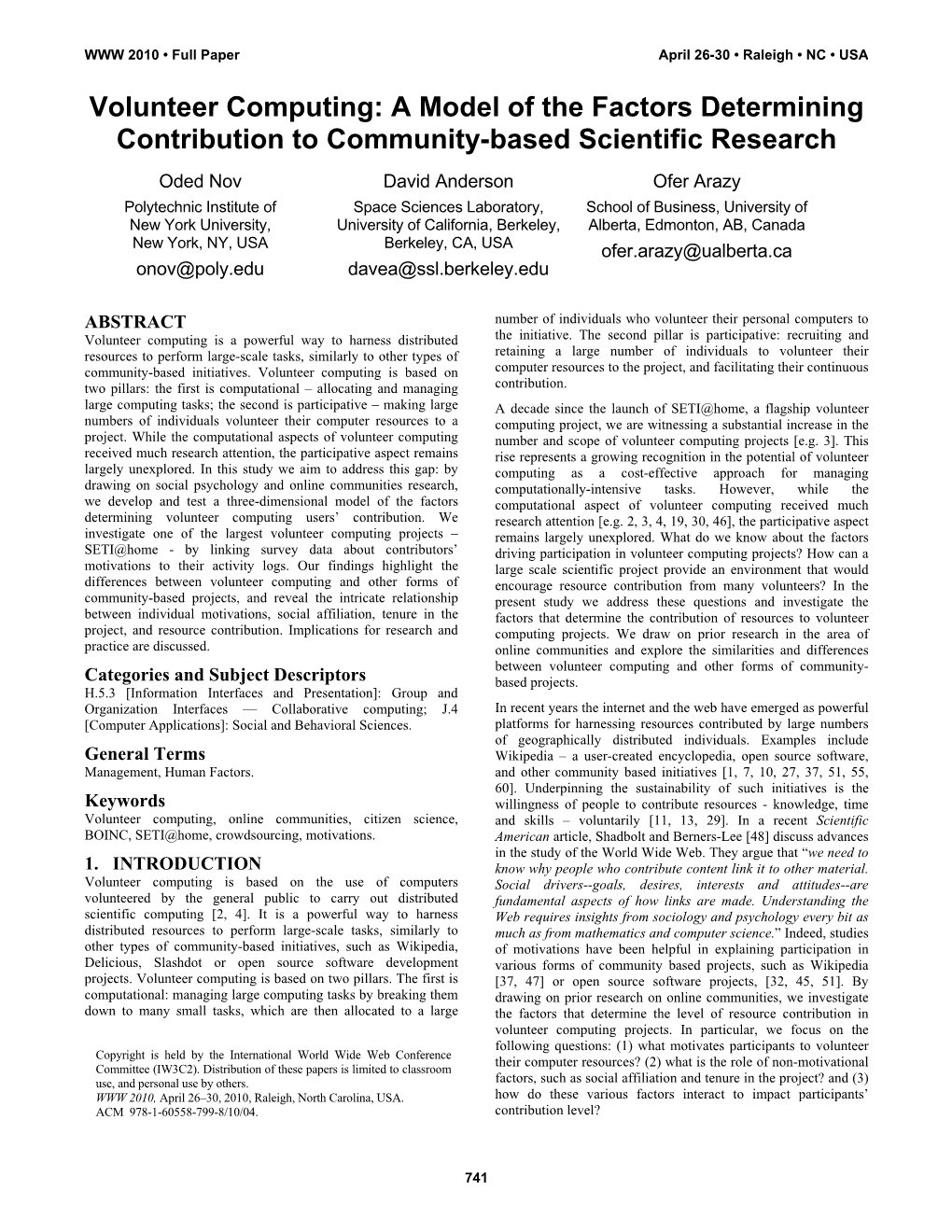 Volunteer Computing: a Model of the Factors Determining Contribution To