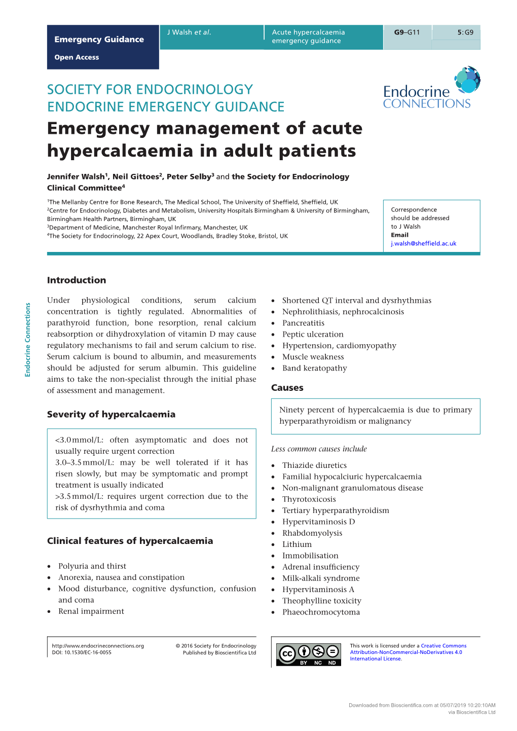 Emergency Management of Acute Hypercalcaemia in Adult Patients