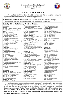 A N N O U N C E M E N T the Judicial and Bar Council (JBC) Announces the Opening/Reopening, for Application Or Recommendation, of the Following Positions