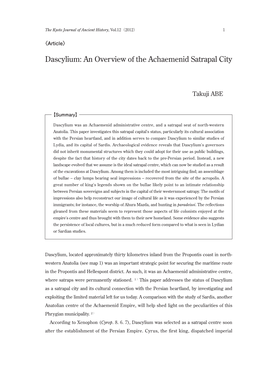 Dascylium: an Overview of the Achaemenid Satrapal City