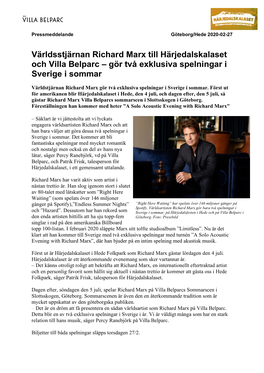 Världsstjärnan Richard Marx Till Härjedalskalaset Och Villa Belparc – Gör Två Exklusiva Spelningar I Sverige I Sommar