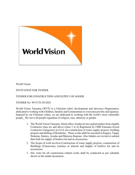 World Vision INVITATION for TENDER TENDER FOR