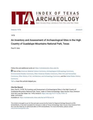 An Inventory and Assessment of Archaeological Sites in the High Country of Guadalupe Mountains National Park, Texas