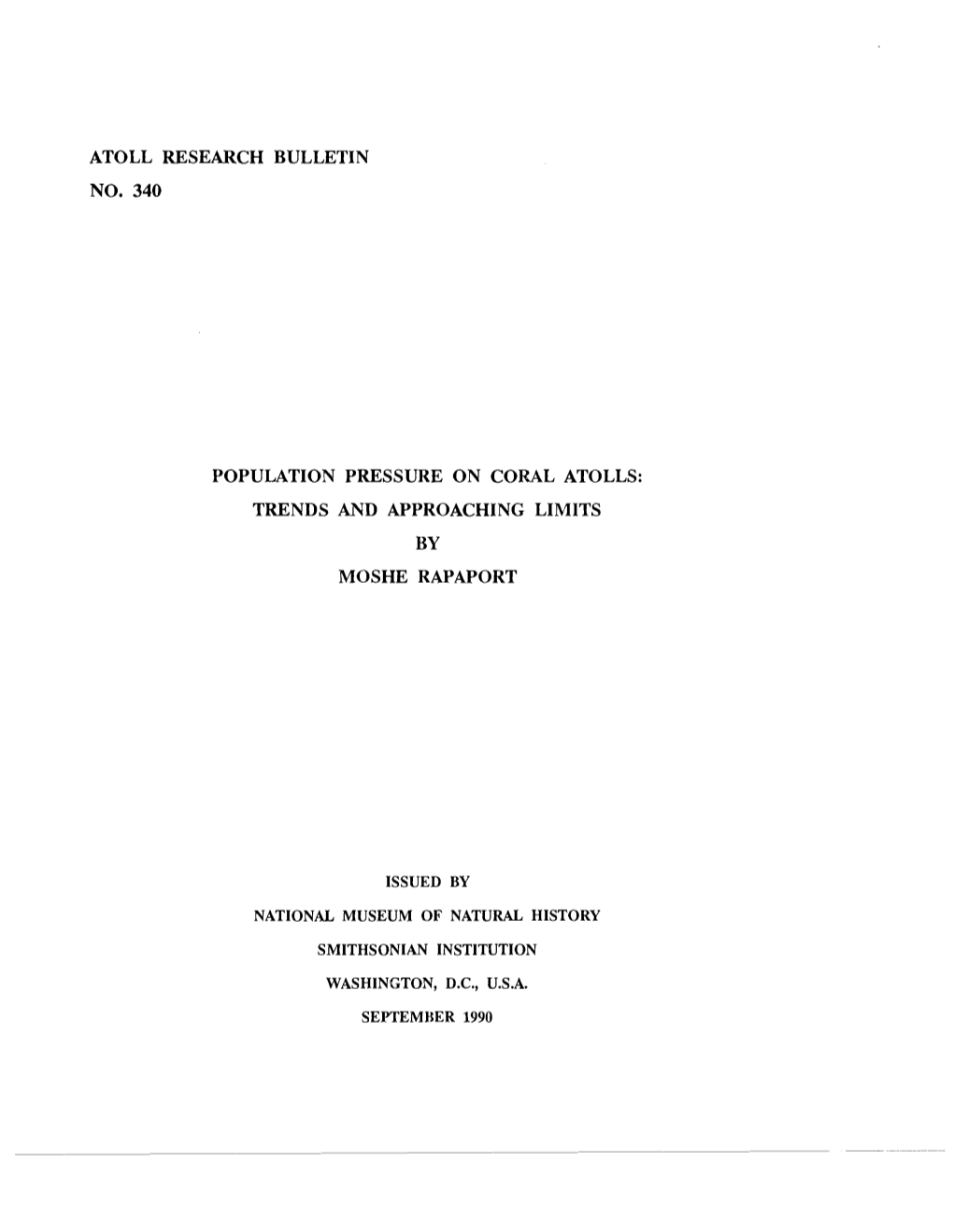 Atoll Research Bulletin No. 340 Population Pressure on Cowl Atolls