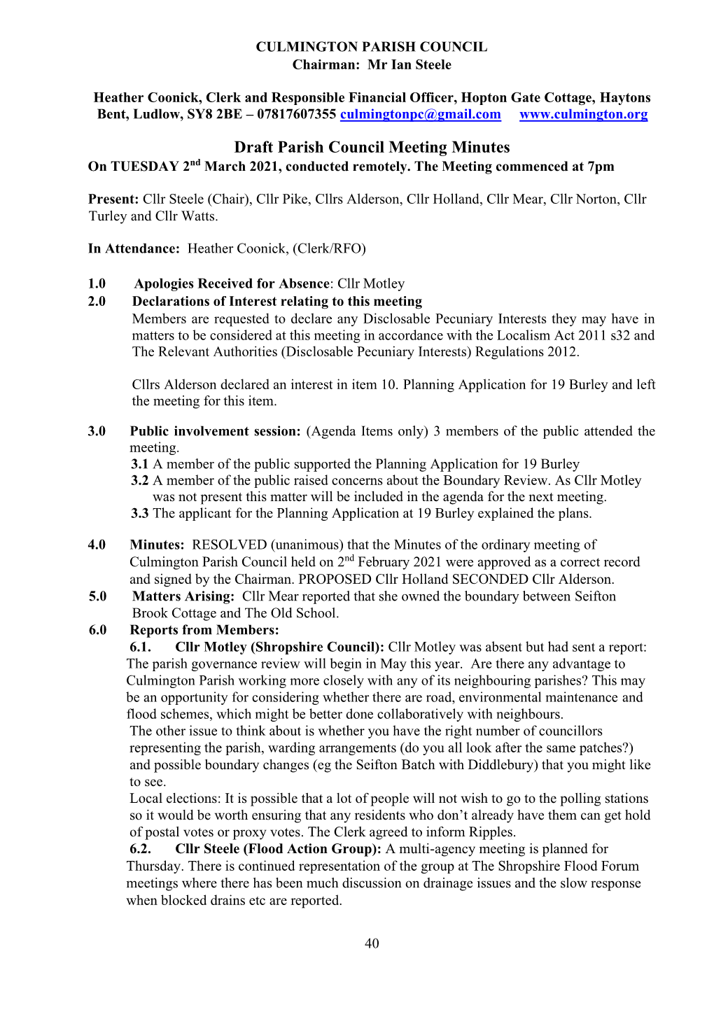 Culmington Parish Council Draft Minutes 2Nd March 2021