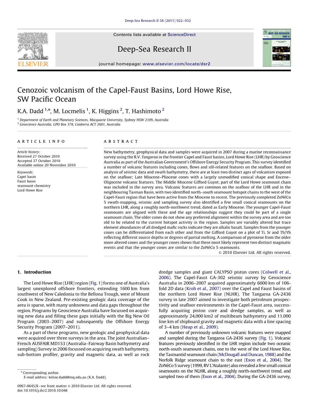 Cenozoic Volcanism of the Capel-Faust Basins, Lord Howe Rise, SW Pacific Ocean