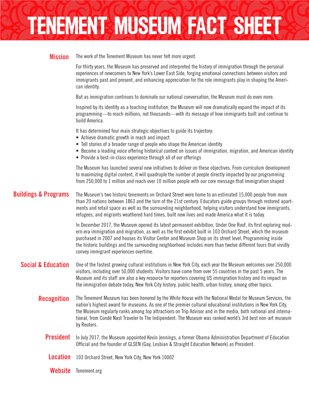 Tenement Museum Fact Sheet