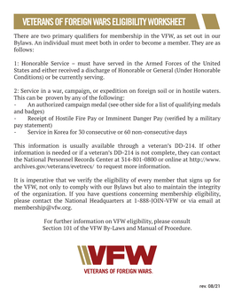 Veterans of Foreign Wars Eligibility Worksheet