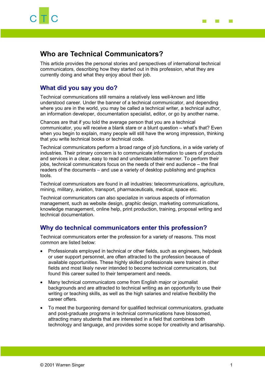 Who Are Technical Communicators?