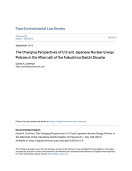 The Changing Perspectives of U.S and Japanese Nuclear Energy Policies in the Aftermath of the Fukushima Daiichi Disaster