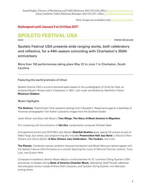 Spoleto Festival Usa 2020 Press Release