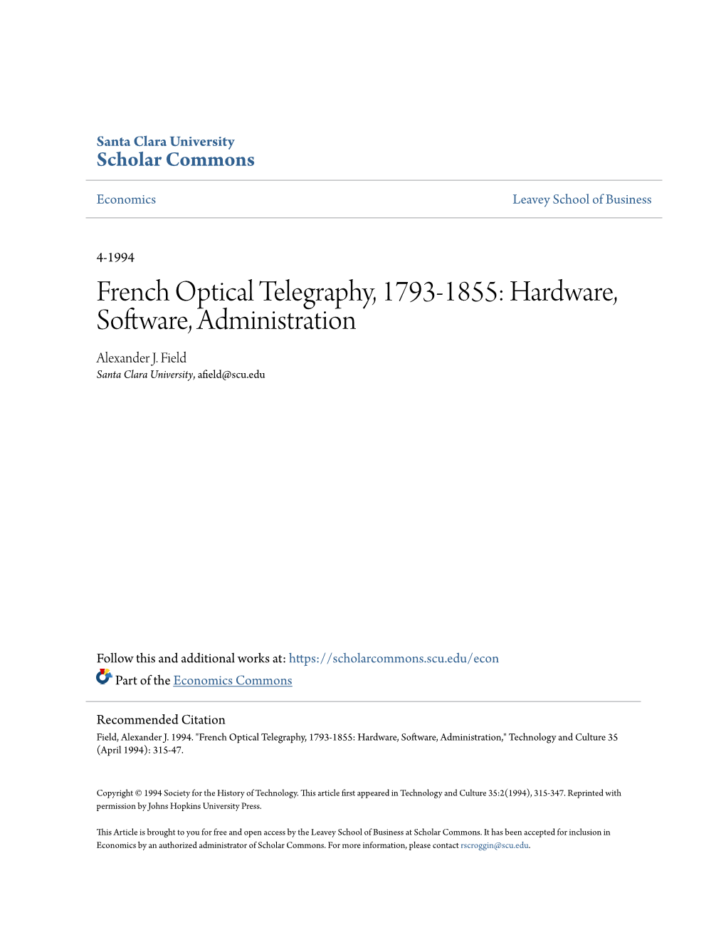 French Optical Telegraphy, 1793-1855: Hardware, Software, Administration Alexander J