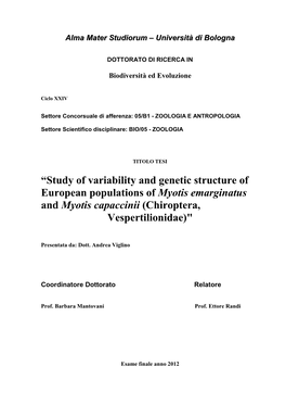 Study of Variability and Genetic Structure of European Populations of Myotis Emarginatus and Myotis Capaccinii (Chiroptera, Vespertilionidae)"