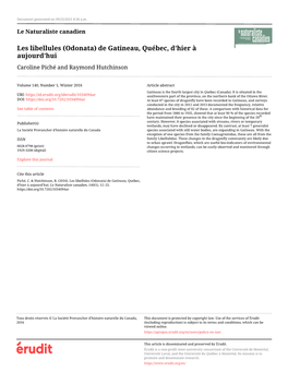 Les Libellules (Odonata) De Gatineau, Québec, D'hier À Aujourd'hui