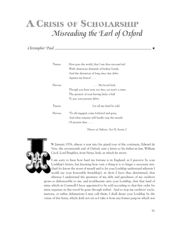 A Crisis of Scholarship: Misreading the Earl of Oxford the OXFORDIAN Volume IX 2006