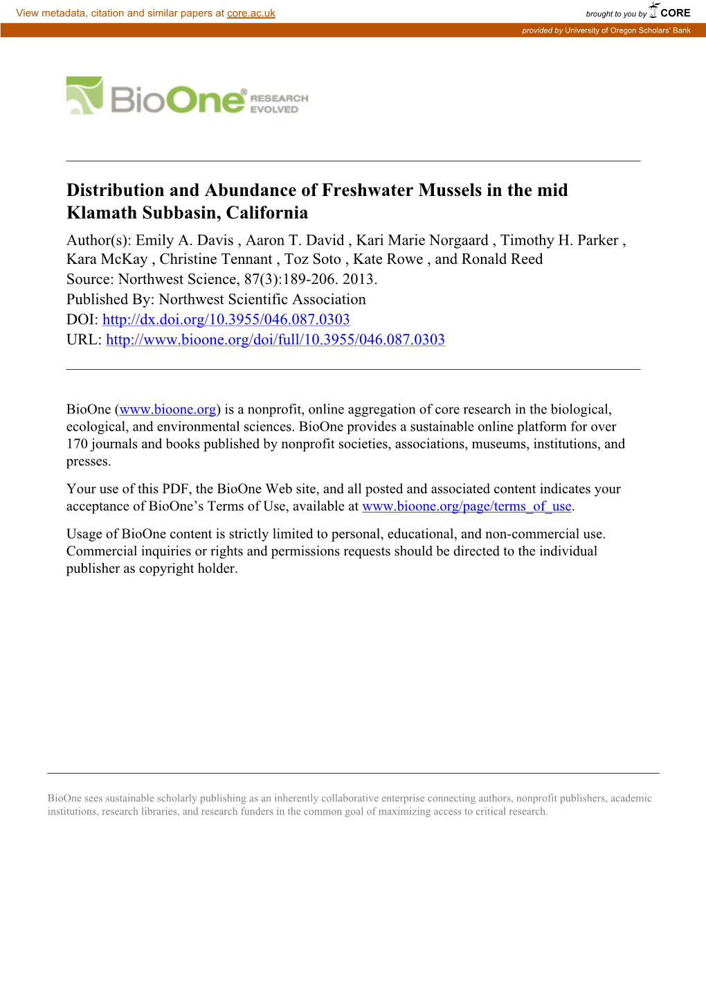 Distribution and Abundance of Freshwater Mussels in the Mid Klamath Subbasin, California Author(S): Emily A