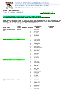 Rodeo Event Draw Sheets Rodeo: MYRTLEFORD RODEO, 2019 Commences: 4PM Slack Commences: 11:00 AM