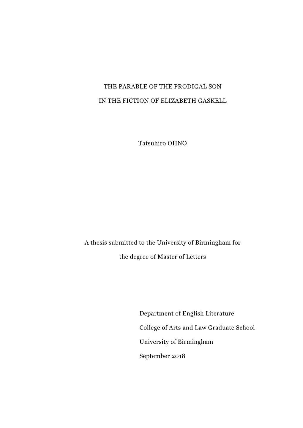 The Parable of the Prodigal Son in the Fiction of Elizabeth Gaskell