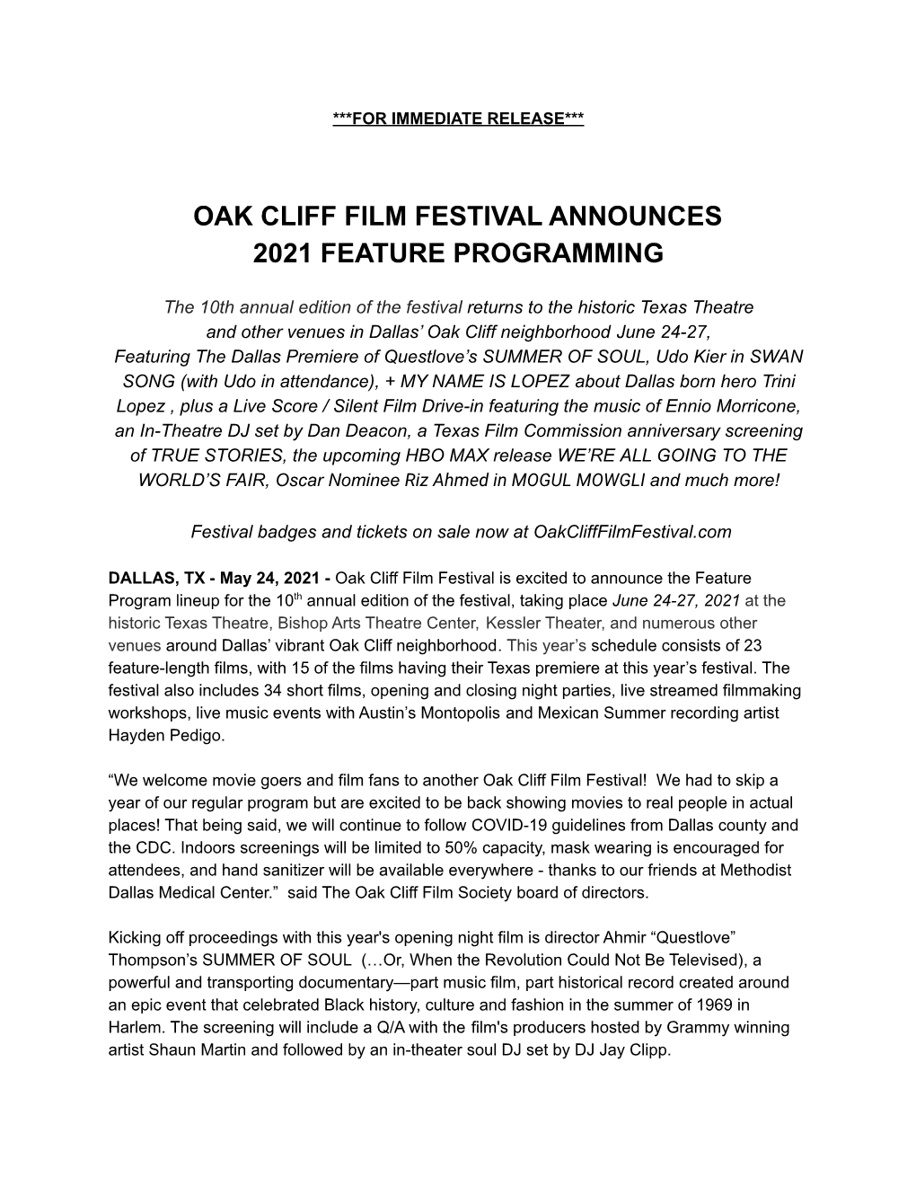 OCFF 2021- Feature Program Press Release