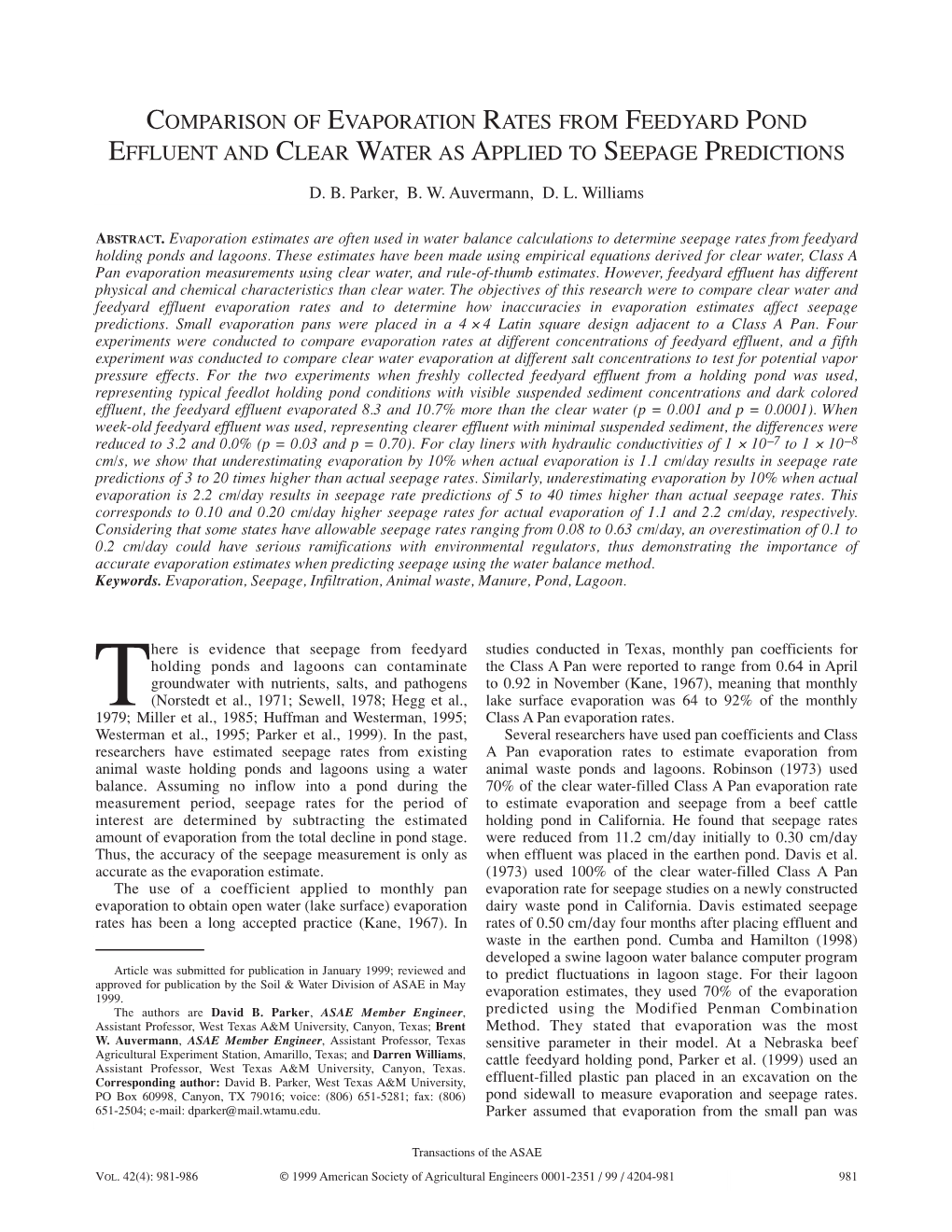 Comparison of Evaporation Rates from Feedyard Pond Effluent and Clear Water As Applied to Seepage Predictions