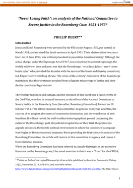 An Analysis of the National Committee to Secure Justice in the Rosenberg Case, 1951-1953*