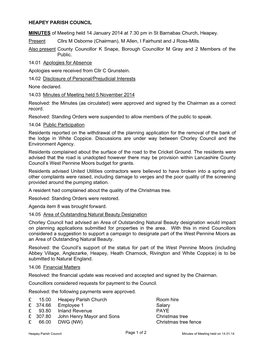 HEAPEY PARISH COUNCIL MINUTES of Meeting Held 14 January