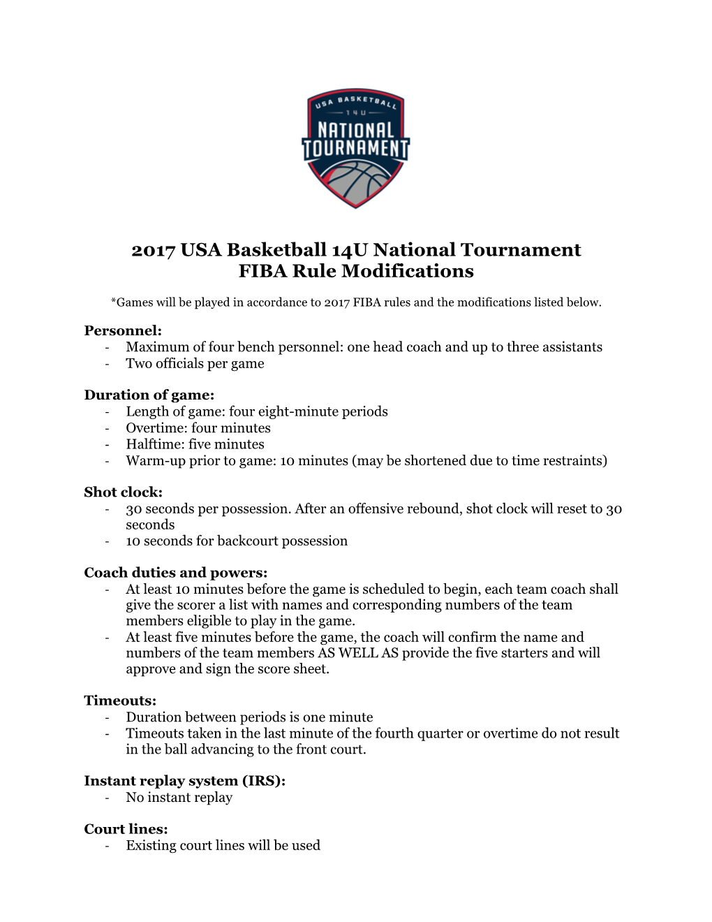 2017 USA Basketball 14U National Tournament FIBA Rule Modifications