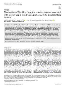 Modulation of Gpr39, a G-Protein Coupled Receptor Associated with Alcohol Use in Non-Human Primates, Curbs Ethanol Intake in Mice