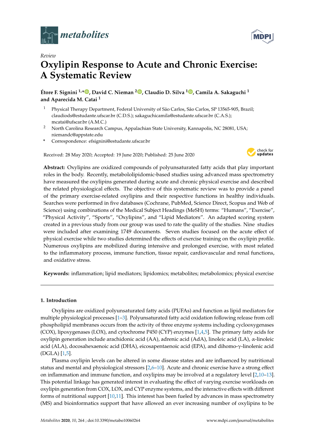 Oxylipin Response to Acute and Chronic Exercise: a Systematic Review