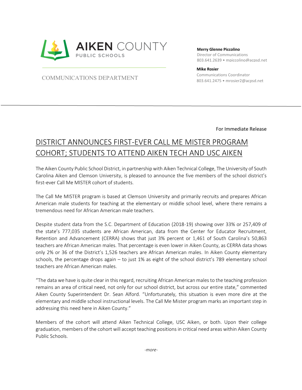 District Announces First-Ever Call Me Mister Program Cohort; Students to Attend Aiken Tech and Usc Aiken