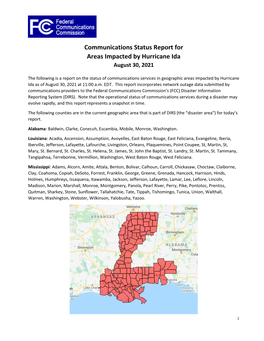 Communications Status Report for Areas Impacted by Hurricane Ida August 30, 2021