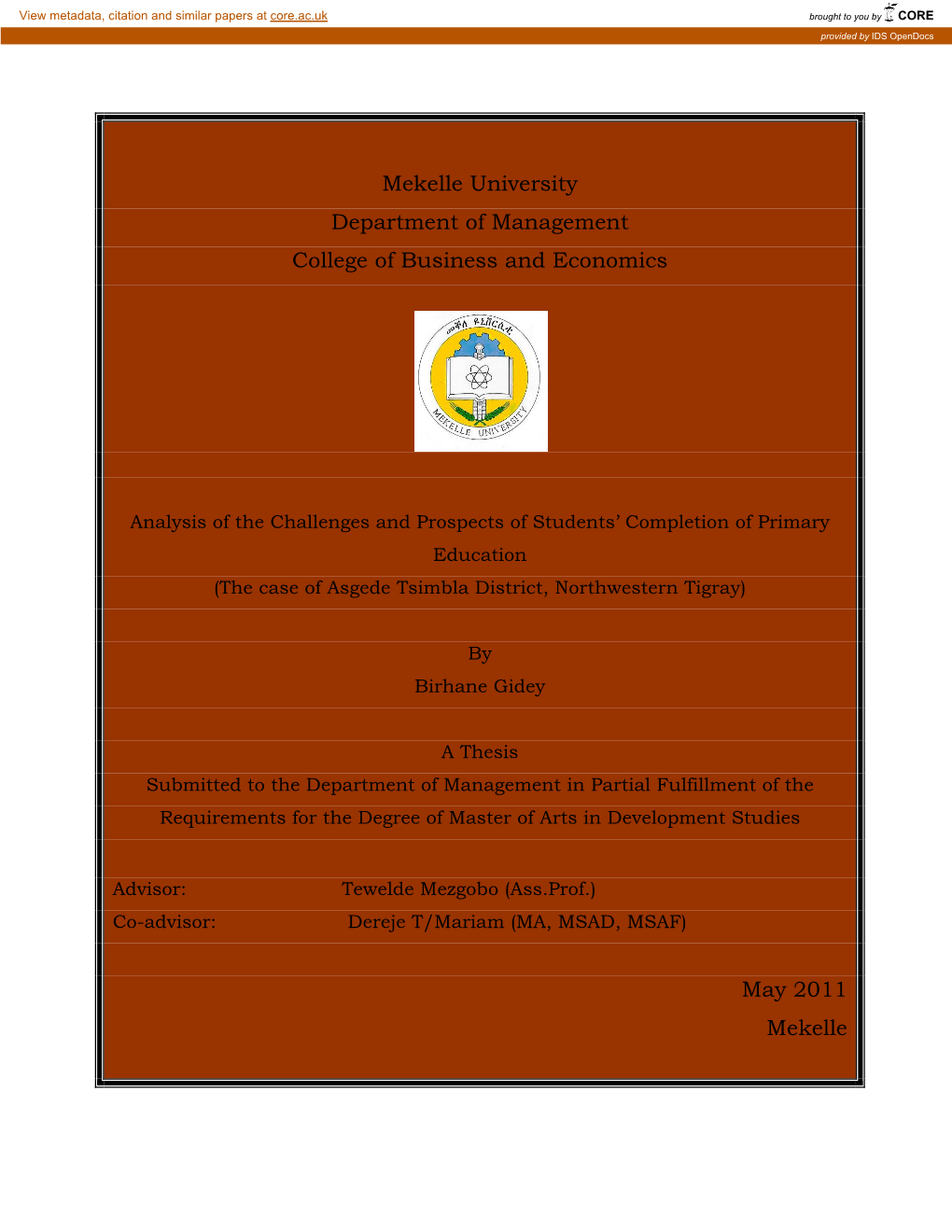 Mekelle University Department of Management College of Business and Economics