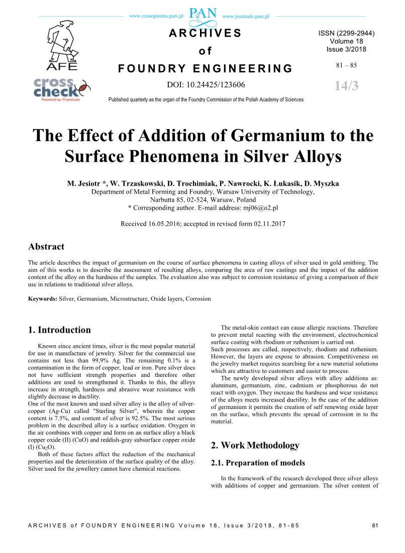 The Effect of Addition of Germanium to the Surface Phenomena in Silver Alloys