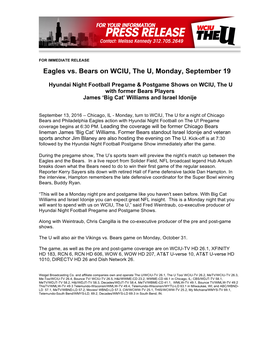 Eagles Vs. Bears on WCIU, the U, Monday, September 19