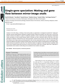 Single-Gene Speciation: Mating and Gene ﬂow Between Mirror-Image Snails