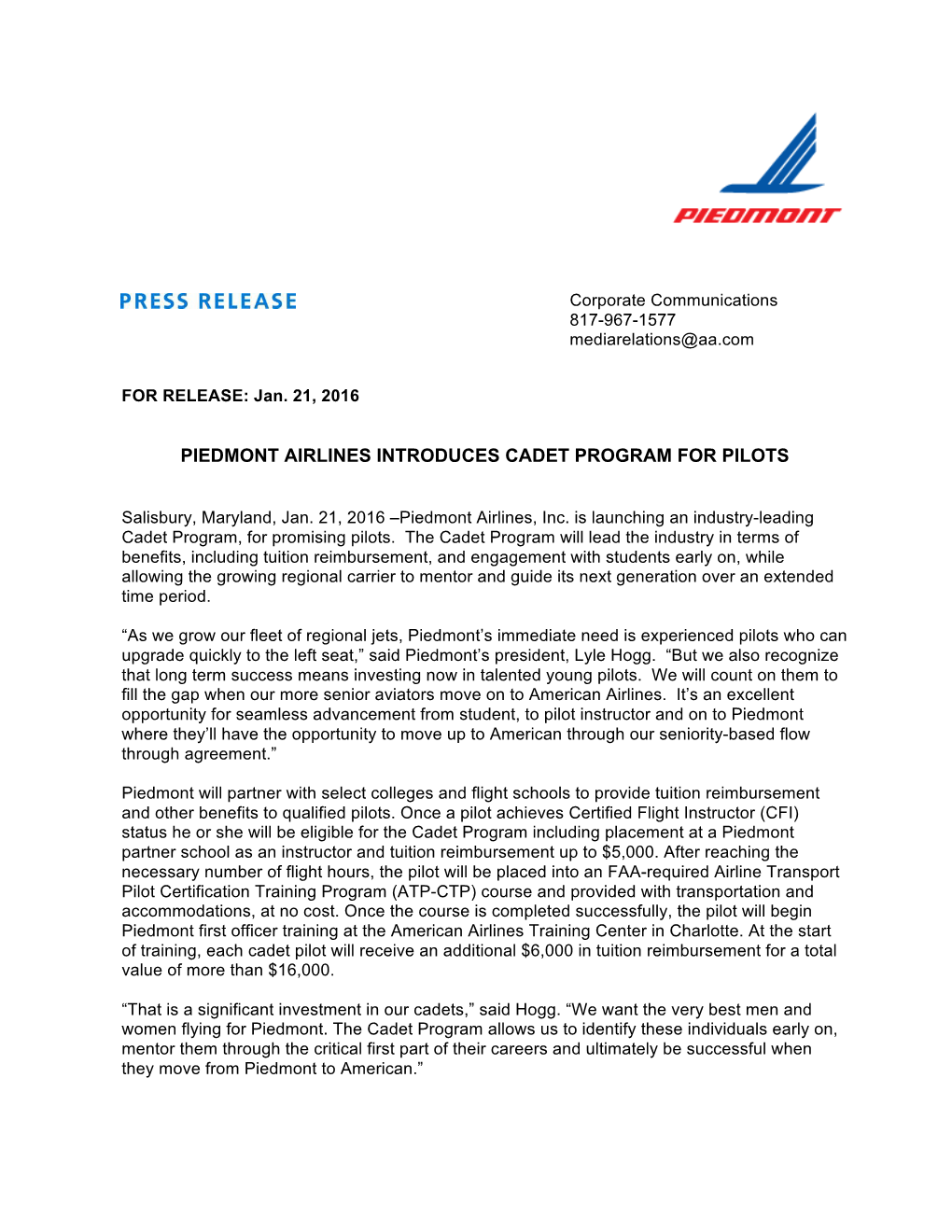 Piedmont Airlines Introduces Cadet Program for Pilots