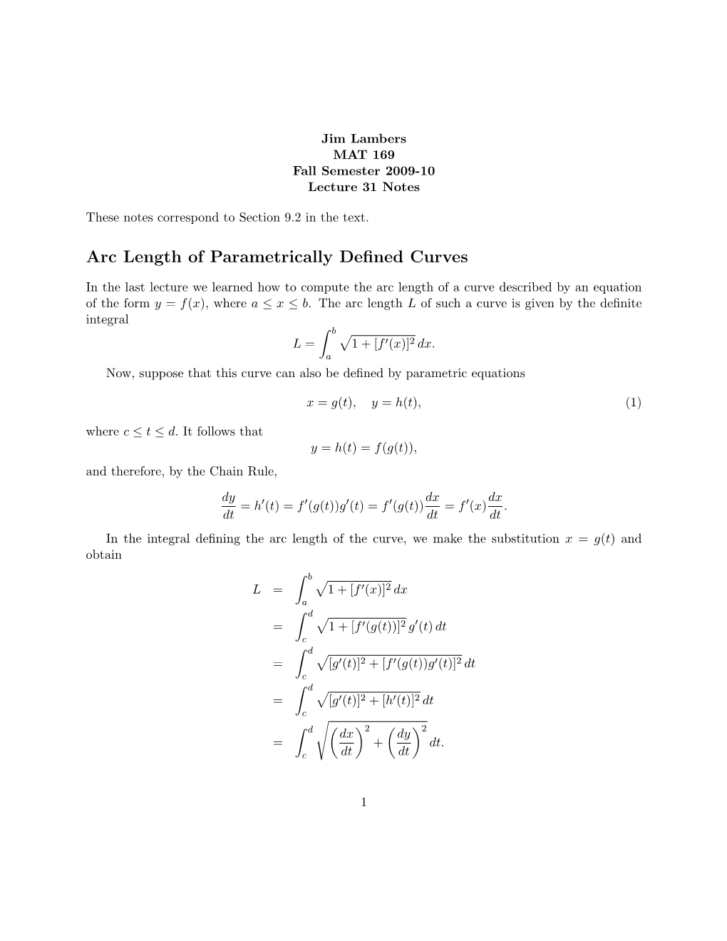 Arc Length of Parametrically Defined Curves