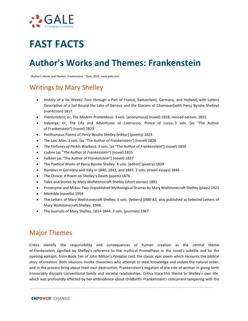 FAST FACTS Author's Works and Themes: Frankenstein