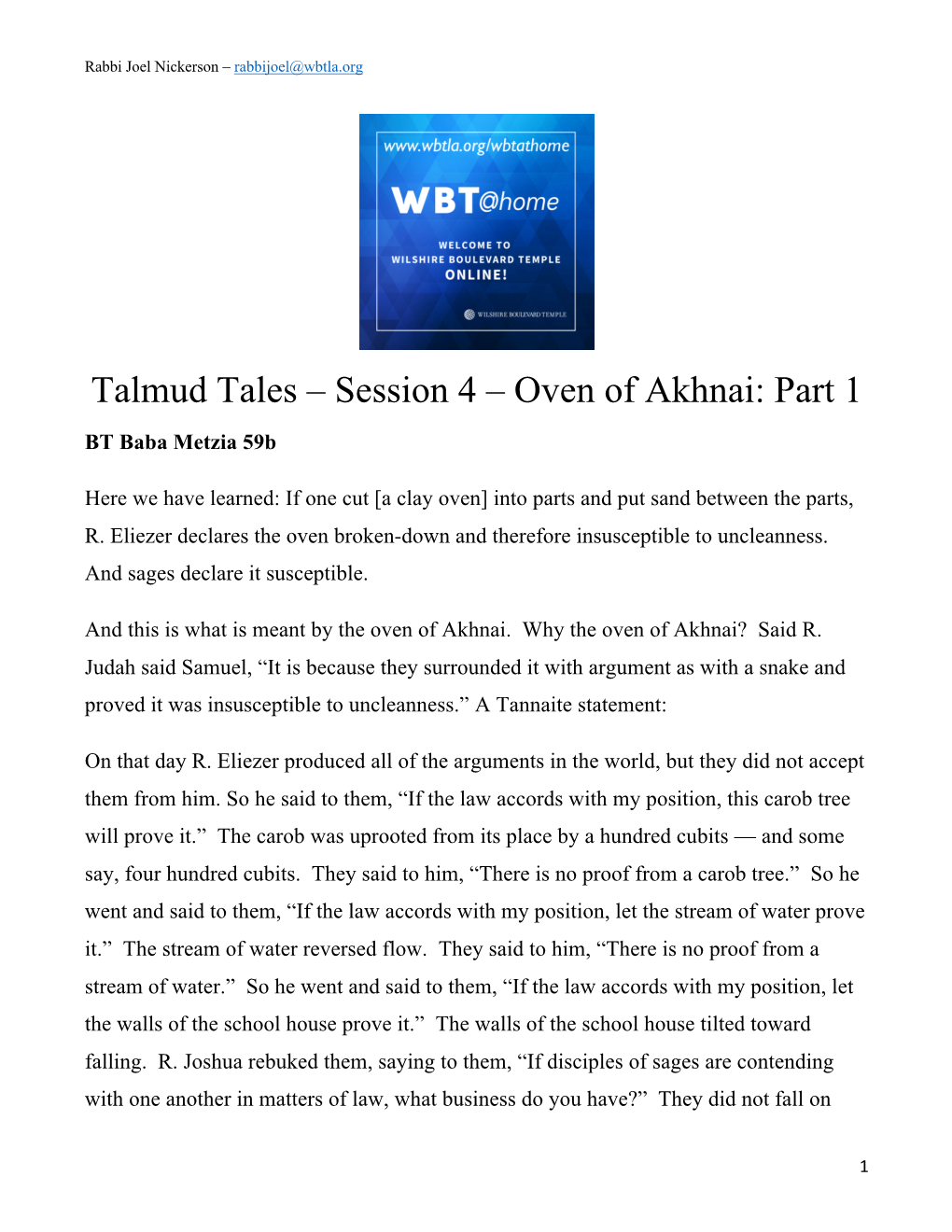 Talmud Tales – Session 4 – Oven of Akhnai: Part 1