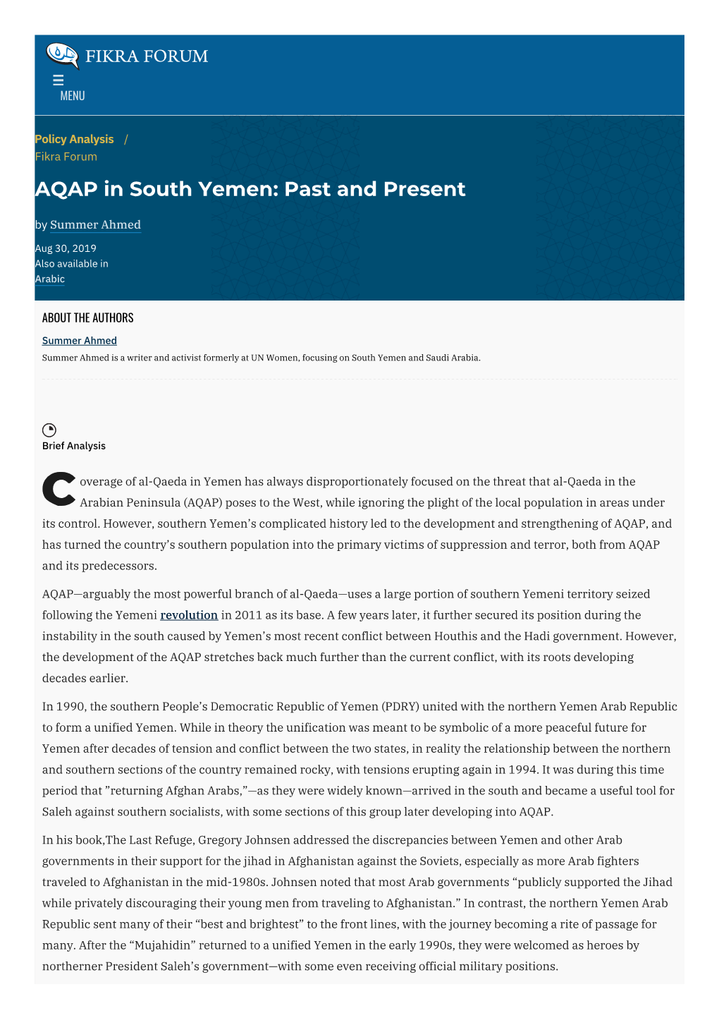 AQAP in South Yemen: Past and Present | the Washington Institute