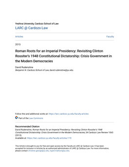 Revisiting Clinton Rossiter's 1948 Constitutional Dictatorship: Crisis Government in the Modern Democracies