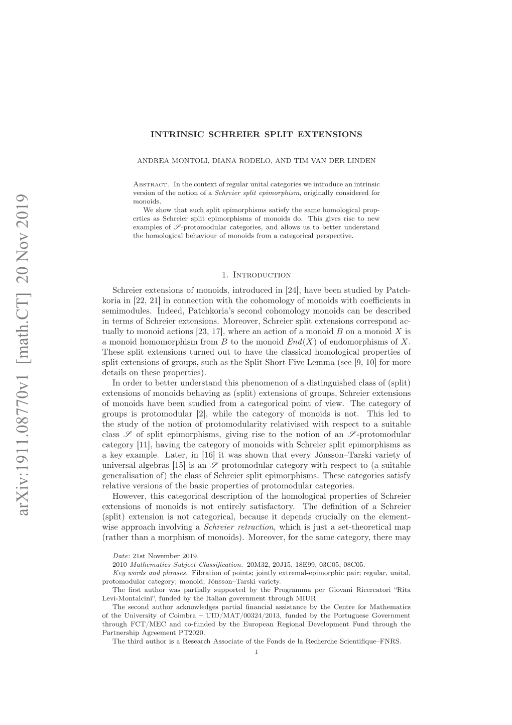 Intrinsic Schreier Split Extensions in This Section We Describe a Categorical Approach Towards Schreier Extensions