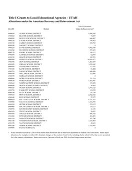 Title I Grants to Local Educational Agencies - UTAH Allocations Under the American Recovery and Reinvestment Act