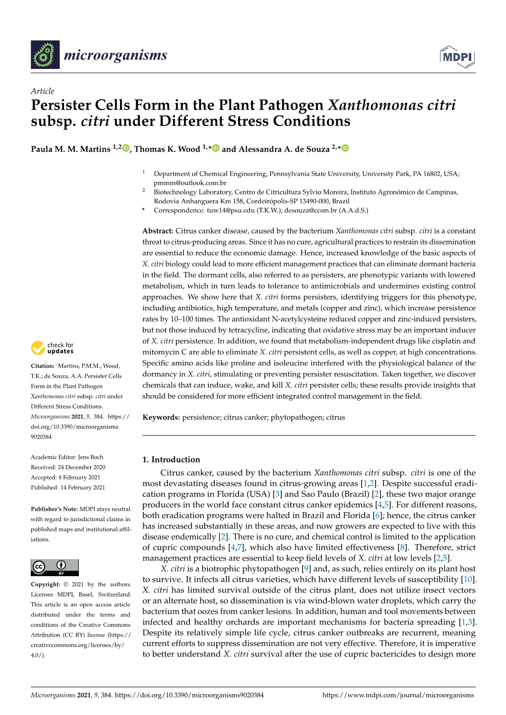 Persister Cells Form in the Plant Pathogen Xanthomonas Citri Subsp