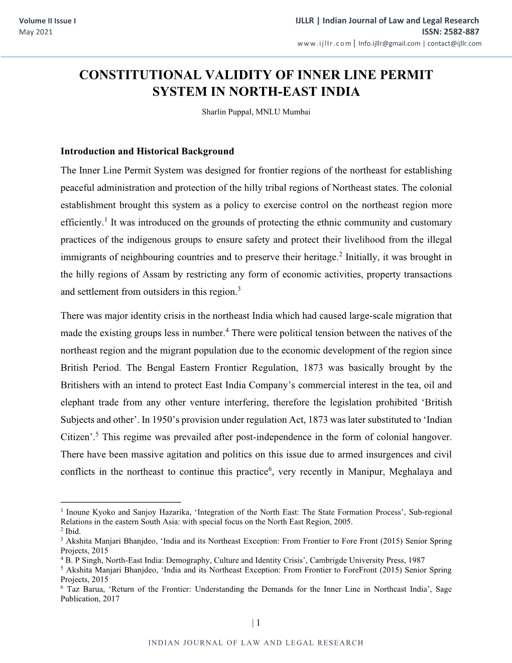 Constitutional Validity of Inner Line Permit System in North-East India