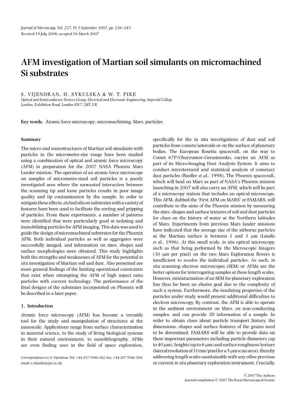 AFM Investigation of Martian Soil Simulants on Micromachined Si Substrates